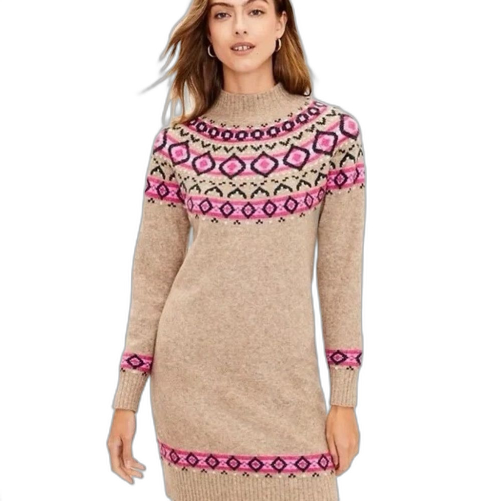 Loft Women's Fair Isle Cozy Knit Sweater Dress Pink Tan Wool Blend Small